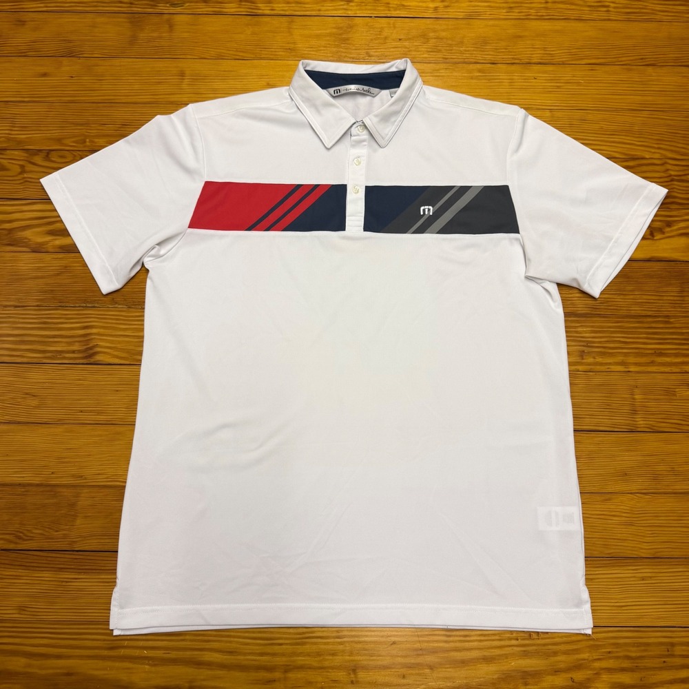 Travis Matthew Mens XL White Performance Golf Polo Red & Black Stripe Panel‎